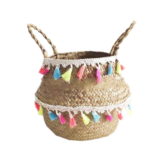 Tgbvmt Kitchen or Bedroom Storage Accessories, Foldable Handwoven Wicker Storage Baskets, Natural Rattan Potted Planter Laundry Basket, Seagrass Basket for Clothes, Blankets, and Toys