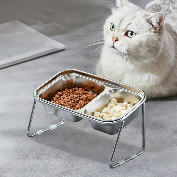 Tgbvmt Kitty Bowl Stainless Steel Double Food Water Bowl 25°Tilt Spine Protection Non-Slip Anti-Tip Food-Grade Rust-Resistant for In/Outdoor Pet Feeding Kitten Puppy Daily Meal Durable Easy Clean