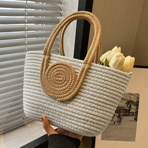 Tgbvmt Large Capacity Rope Woven Handbag Tote Bag Daily Versatile Shoulder Bag Casual Beach Bag Colorful Splicing Design Portable Comfortable Durable Practical Storage for Daily Use
