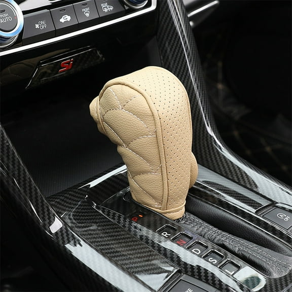 Tgbvmt Leather Lattice Pattern Gear Shifter Knob Cover, Adjustable Auto Shifter Protective Sleeve, Easy Install with Adhesive Fixation, Durable Faux Leather Car Decor, Universal Fit for All Cars