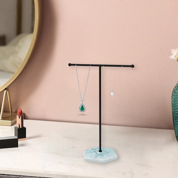 Tgbvmt Modern T-Shape Jewelry Stand Metal Display Rack With Stone Base For Bedroom Dressing Dorm Apartment Vanity Organize Necklaces Bracelets Earrings Space Saving Easy Assembly Elegant Decorative