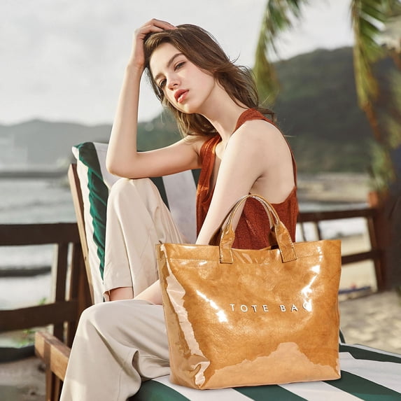 Tgbvmt PVC Tote Bag for Women, Large Solid Color Fashionable Bag with Letter Print, Stylish and Practical for Work, Travel, College, Spacious Interior with Organizational Pockets for Everyday Use
