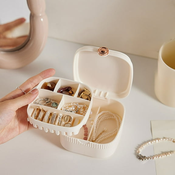 Tgbvmt Portable Jewelry Storage Box Mini Organizer with Built-In Mirror Multi-Compartment Plastic Case for Earrings Necklaces and Rings Stylish Design Ideal for Travel Home Use and Organization