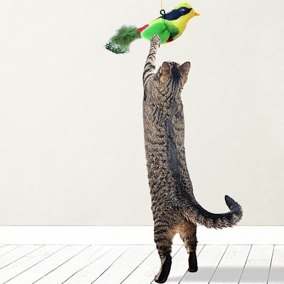 Tgbvmt Realistic Bird Song Cat Teaser Hanging Feather Toy Voice Control Adjustable Hanging Rope Bell Sound for Indoor Cats Interactive Play Hands Free Hunting Instinct Pet Toy Decor
