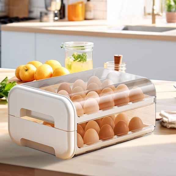 Tgbvmt Refrigerator Egg Storage Box 13.20In Double Layer Pull Out Drawer Transparent Visible Anti Roll Bottom Vented Fresh Keeping for Fridge Kitchen Cabinet Party Favors Decor Egg Storage Organizer