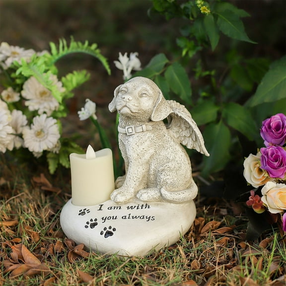 Tgbvmt Resin Angel Dog Memorial Tombstone Statue LED Candle Illuminated Pet Monument Weather-Resistant Durable Crafts Outdoor Garden Yard Ornament Heartfelt Pet Remembrance Tribute Home Decor Favors