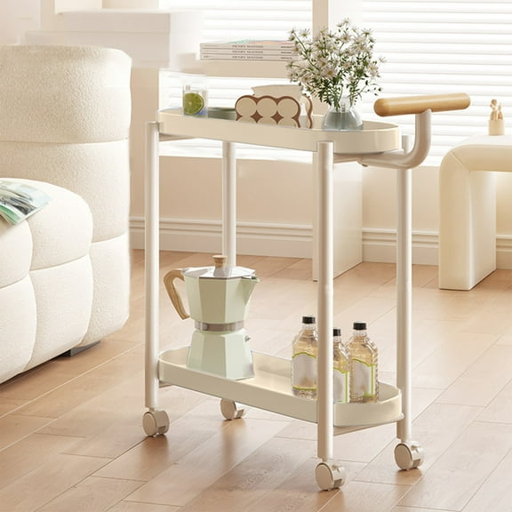 Tgbvmt Rolling Side Table With Wheels Cream Mobile End Table 2-Tier Spacious Storage 360 Silent Wheels Lockable Rounded Corners Sturdy Thickened Plastic For Small Spaces Bedroom Kitchen Balcony