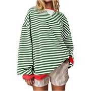 TGBVMT Tops For Women Loose Colour Matched Ladies Tops Baggy Blouses Elegant Striped T-Shirts Casual Crew Neck Tees Shirts Long Sleeved Pullover Trendy Travel Tops