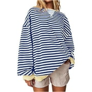 TGBVMT Tops For Women Loose Colour Matched Ladies Tops Baggy Blouses Elegant Striped T-Shirts Casual Crew Neck Tees Shirts Long Sleeved Pullover Trendy Travel Tops