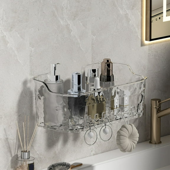 Tgbvmt Transparent Wall Mounted Storage Box Large Capacity Drainage Ports 7 Hooks for Bathroom Makeup Kitchen Supplies Home Organizer No Drill Adhesive Multipurpose Storage Container