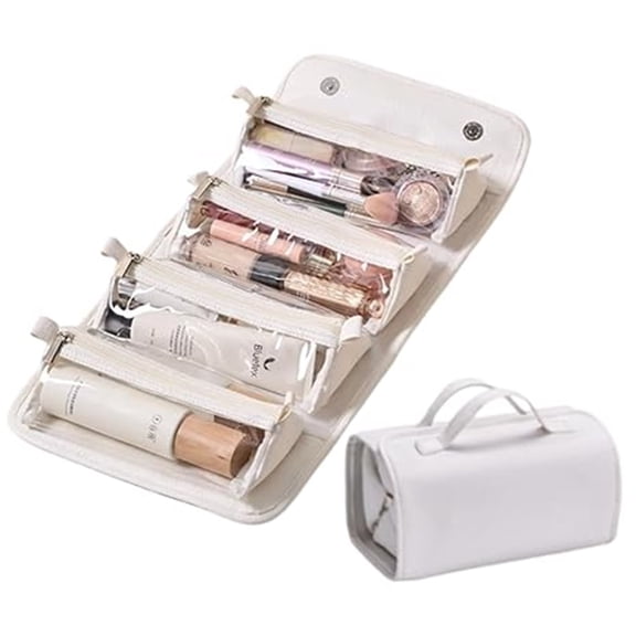 Tgbvmt Travel Toiletry Bag, 4 Detachable Compartments, Clear Multi-Compartment Hanging Makeup Bag, Leather Cosmetic Organizer for Travel, Foldable, Compact, Large Capacity, Easy to Clean