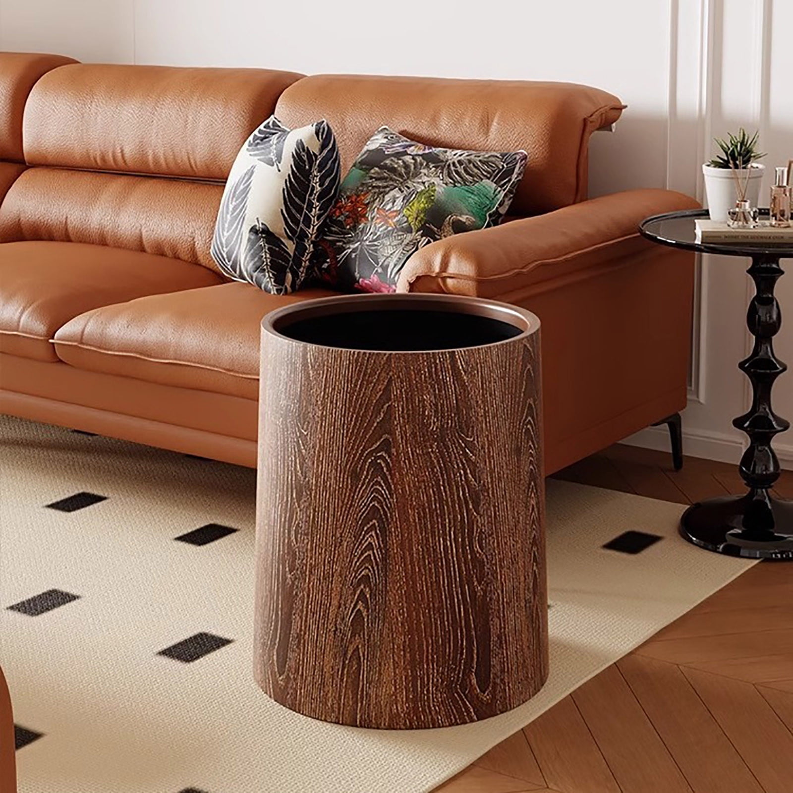 Tgbvmt Vintage Wood Grain Flip Lid Trash Can Large Capacity Odor Blocking Wastebasket Round Clamshell Garbage Bin for Living Room Kitchen Office Bathroom Hotel Home Waste Organization
