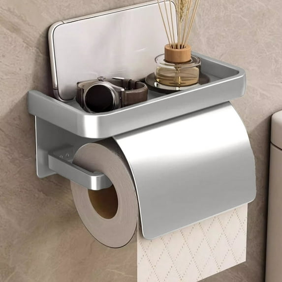Tgbvmt Wall Mounted Toilet Paper Holder 7x3.9x3.1 Inches Stainless Steel No Drilling Waterproof Rust-Proof with Phone Storage Bathroom Organizer for Toilet Paper Rolls Soap Multi-Functional