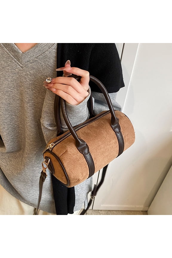 Women's Faux Suede Boston Barrel Bag Mini Tote Purse Handbag Multi Carry Ways Large Capacity Smooth Zipper For Daily Commute Shopping Dating Travel Work Party Ladies Everyday Carry Accessory