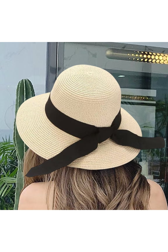 Women's Foldable Straw Beach Hat Polyester Material Wide Brim UV Protection Structured Shape Meticulous Stitching Eye-Catching Tightly Woven Fade-Resistant Travel Sun Hat for Summer Outdoor