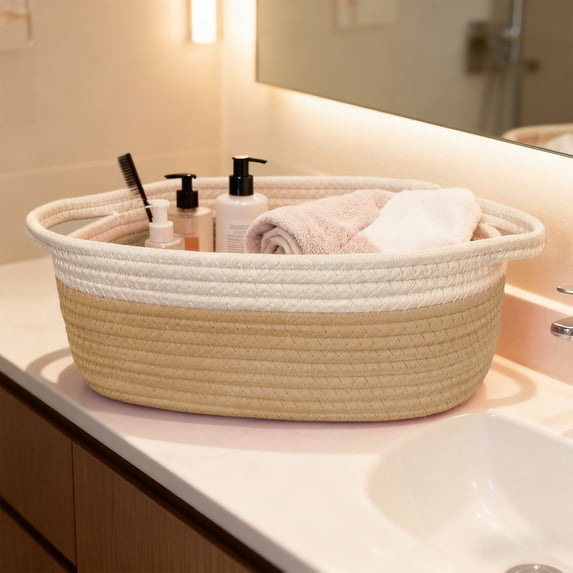 Tgbvmt Woven Handle Storage Basket Shelf Wardrobe Organizer Decorative Gift Basket Fabric Rope Material Multi-purpose Storage for Toys Toiletries Pantry Home Office Organization Stylish