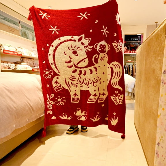 Tgbvmt Year Of Horse Office AC Cover Blanket Happy New Year Throw Organizer For Luxurious Soft Fleece Lightweight Warmth Generous Size Auspicious Symbol Couch Bed Office Desk Home Holiday Decor