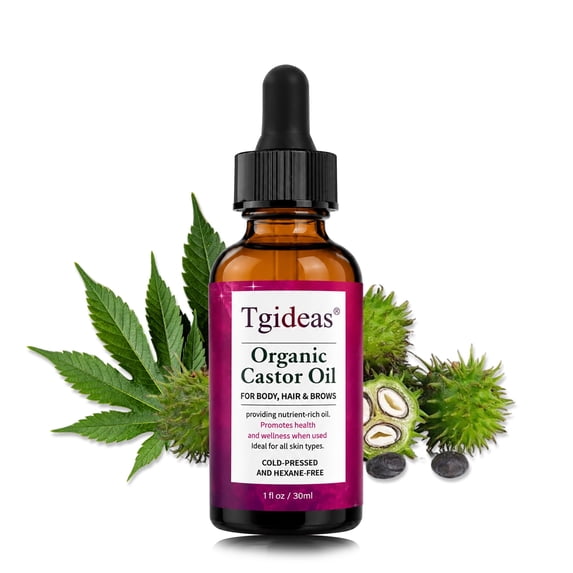 Tgideas Organic Castor Oil for Hair, Brows & Body – Cold-Pressed & Hexane-Free – Deeply Moisturizes and Softens Skin and Hair – Naturally Derived with Pure Organic Castor Oil – 1.0 fl oz (30ml)