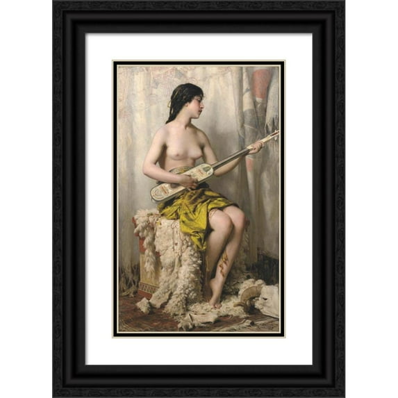 Théobald Chartran 16x24 Black Ornate Framed Double Matted Museum Art Print Titled: The Mandore Player (1879)