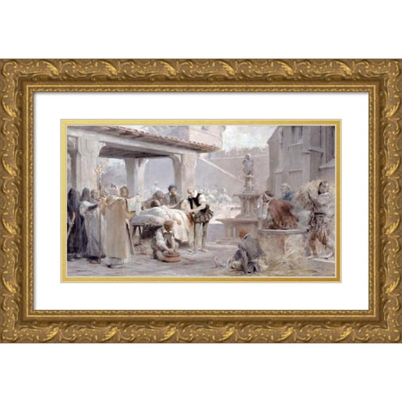 Théobald Chartran 24x15 Gold Ornate Framed and Double Matted Museum Art Print Titled - Sketch for the Sorbonne Staircase: Ambroise Pare at the Headquarters of Metz (1888)