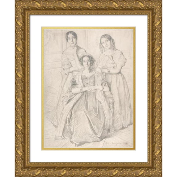 Théodore Chassériau 19x24 Gold Ornate Framed and Double Matted Museum Art Print Titled - The Baroness Duperre and Her Daughters (1841)