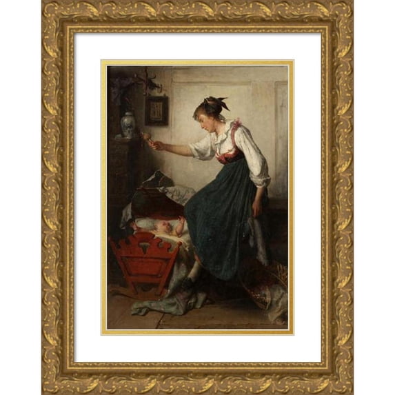 Théodore Gérard 14x18 Gold Ornate Wood Frame and Double Matted Museum Art Print Titled - The New Rattle (1875)