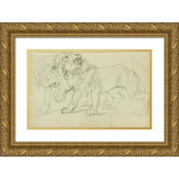 Théodore Géricault 14x11 Gold Ornate Wood Frame and Double Matted Museum Art Print Titled - Pair of Lions (1812 - 1814)