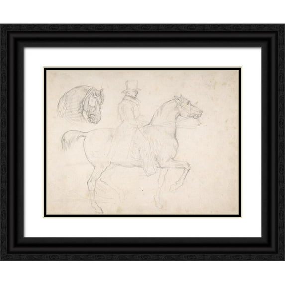 Théodore Géricault 18x14 Black Ornate Wood Framed Double Matted Museum Art Print Titled - Man on Horseback, and Study of Horse's Head (19th Century)