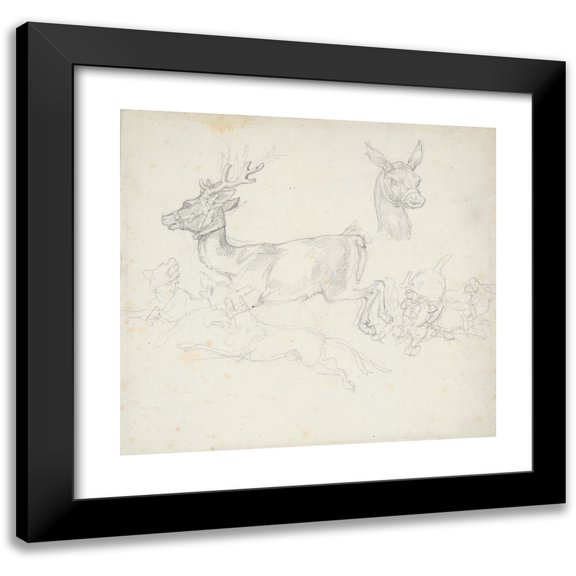 Théodore Géricault 21x20 Black Modern Framed Museum Art Print Titled - Study of Deer Chased by Dogs, Doe's Head (Early 19th Century)