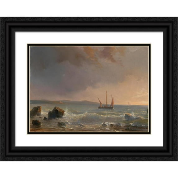 Théodore Gudin 14x11 Black Ornate Wood Framed Double Matted Museum Art Print Titled: Evening Mood Over a Sea Landscape with Sailing Boats