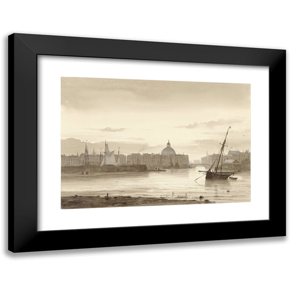 Théodore Gudin 18x14 Black Modern Framed Museum Art Print Titled - The Outside and the Round Lutheran Church in Amsterdam (1812 - 1880)