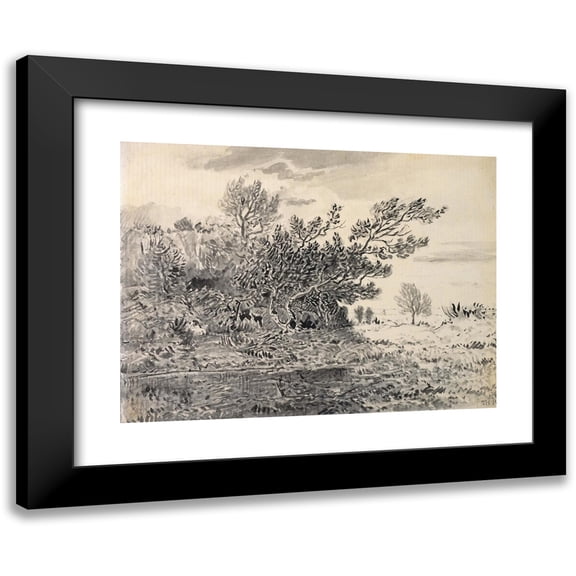 Théodore Rousseau 14x11 Black Modern Framed Museum Art Print Titled - Landscape with a Pond (ca. 1850)