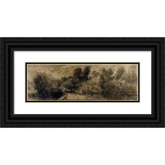 Théodore Rousseau 14x8 Black Ornate Wood Framed Double Matted Museum Art Print Titled: City Landscape with Ramparts (ca 1840)