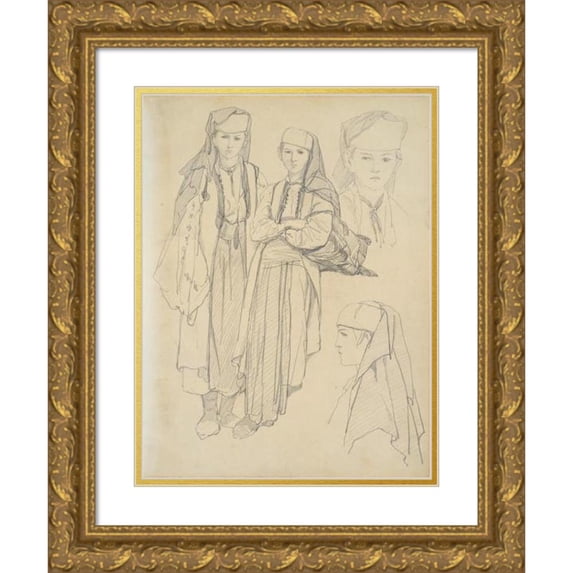 Théodore Valerio 12x14 Gold Ornate Wood Frame and Double Matted Museum Art Print Titled - Four Studies Of Youths
