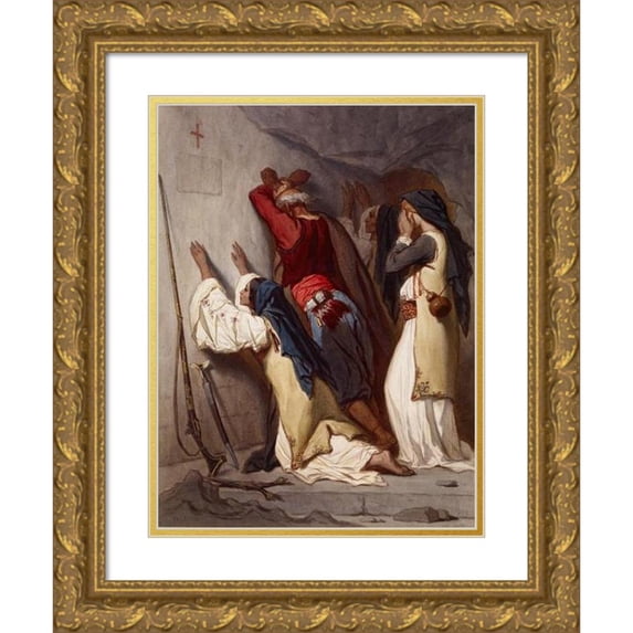 Théodore Valerio 14x18 Gold Ornate Wood Frame and Double Matted Museum Art Print Titled - Balkan Peasants Praying in Cave Chapel (ca. 1867)