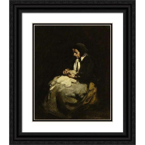 Théodule Ribot 12x14 Black Ornate Wood Framed Double Matted Museum Art Print Titled: Woman Sewing (1850 - 1891)