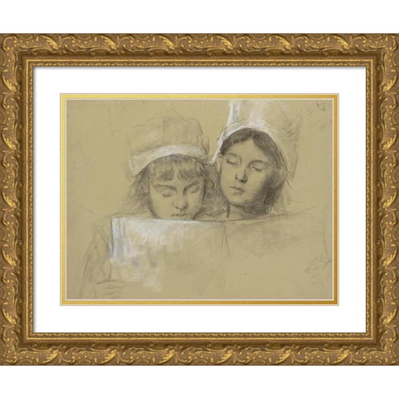 Thérèse Schwartze 18x14 Gold Ornate Wood Frame and Double Matted Museum Art Print Titled - Two Girls with White Hats, Reading in a Book