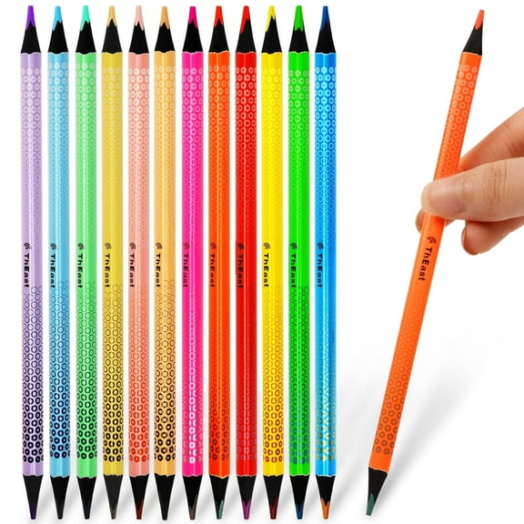 ThEast 12 Double-Ended Colored Pencils, 24 Colors in 12 Pencils, Black Wooden Triangular Coloring Pencils for Kids, Party Bag Favors, Pre-sharpened