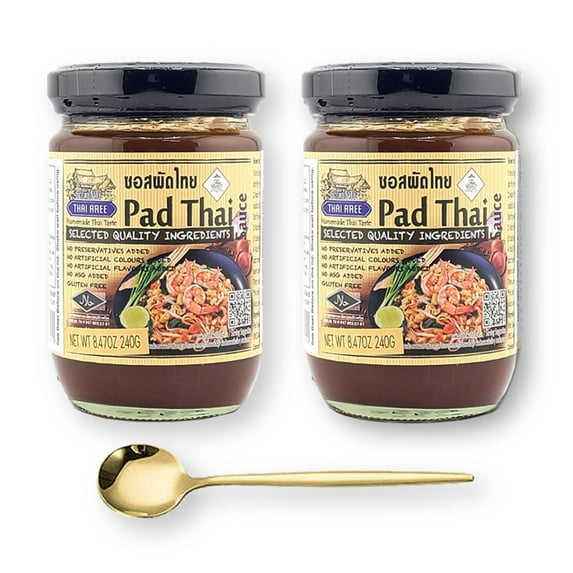 Thai Aree Pad Thai Noodle Sauce 8.47 oz. X 2 with Bonus Gold Stainless Steel Sauce Spoon (3-Pc Set)
