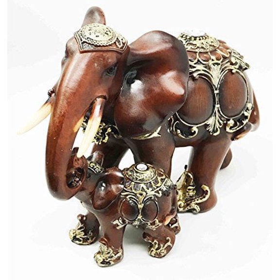 Thai Buddhism Noble Wood Finished Resin Mother Elephant With Calf Figurine Decor