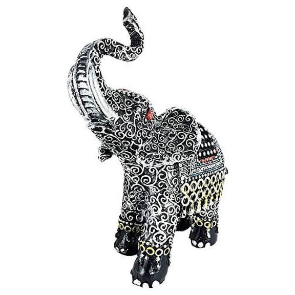 Thai Buddhism Silver Grey Pattern Decorated Trunk Up Elephant Figurine Sculpture