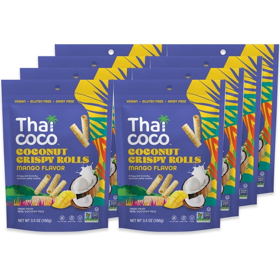 Thai Coco Mango Crispy Coconut Rolls 8 Bag (3.5 oz each) - Organic Tropical Snack, Vegan, Gluten-Free, Dairy-Free, Non-GMO, Light Fluffy Healthy Snack