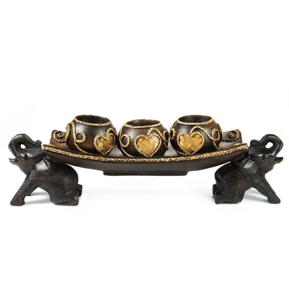 Thai Elephant Tray Carved Rain Tree Wooden Candle Holder