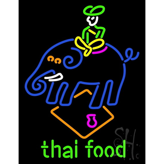 Thai Food with Elephant Logo LED Neon Sign 24 x 31 - inches, Black Square Cut Acrylic Backing, with Dimmer - Bright and Premium built indoor LED Neon Sign for restaurant window and interior decor.