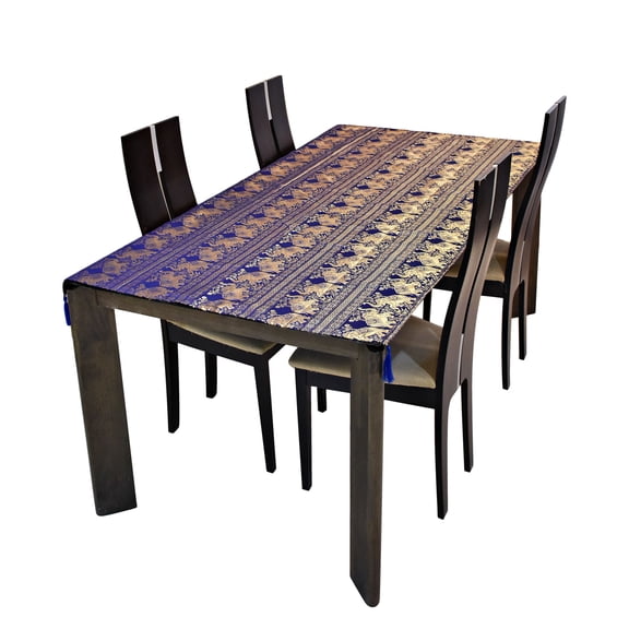 Thai Golden Elephant Print Blue Rectangle Silk Table Cloth