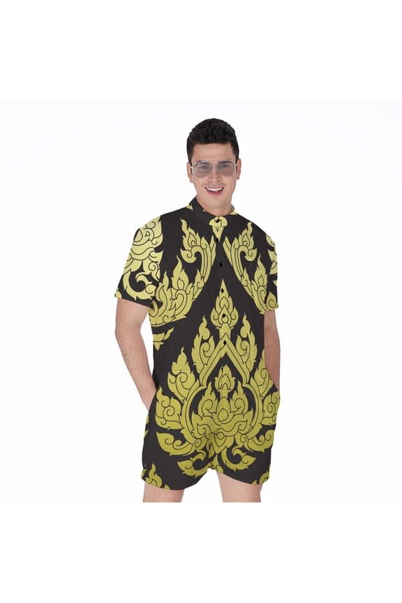 Thai Ornament Pattern Short Sleeve Men'S Rompers Casual Summer Jumpsuits Outfit