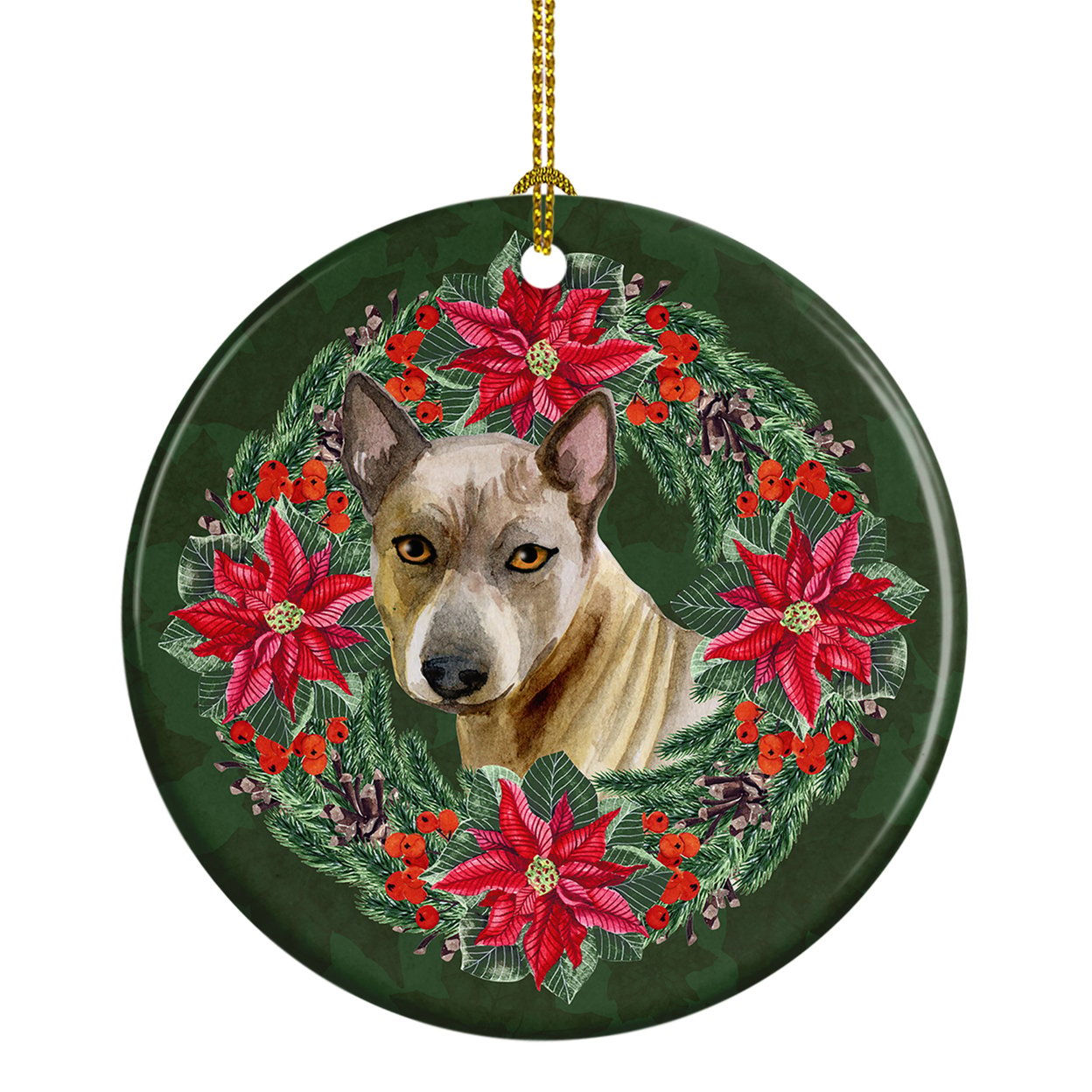 Thai Ridgeback Poinsetta Wreath Ceramic Ornament 2.8 in x 2.8 in