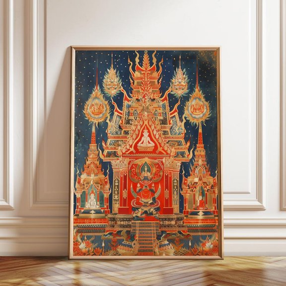 Thai Temple Traditional Buddhist Red And Gold Wall Art Print, Unframed Paper Poster 8x10in