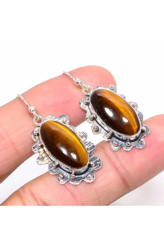 Thai Tiger'S Eye Gemstone 925 Sterling Silver Earring Jewelry 1.58" T49, Tiger'S Eye Earring, Christmas Gift, New Year Sale, Gemstone Silver Jewelry