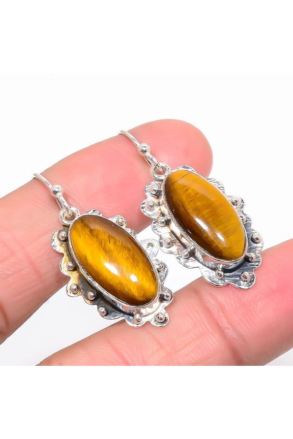 Thai Tiger'S Eye Gemstone 925 Sterling Silver Handmade Earring 1.58" T84, Tiger'S Eye Earring, Christmas Gift, New Year Sale, Gemstone Silver Jewelry